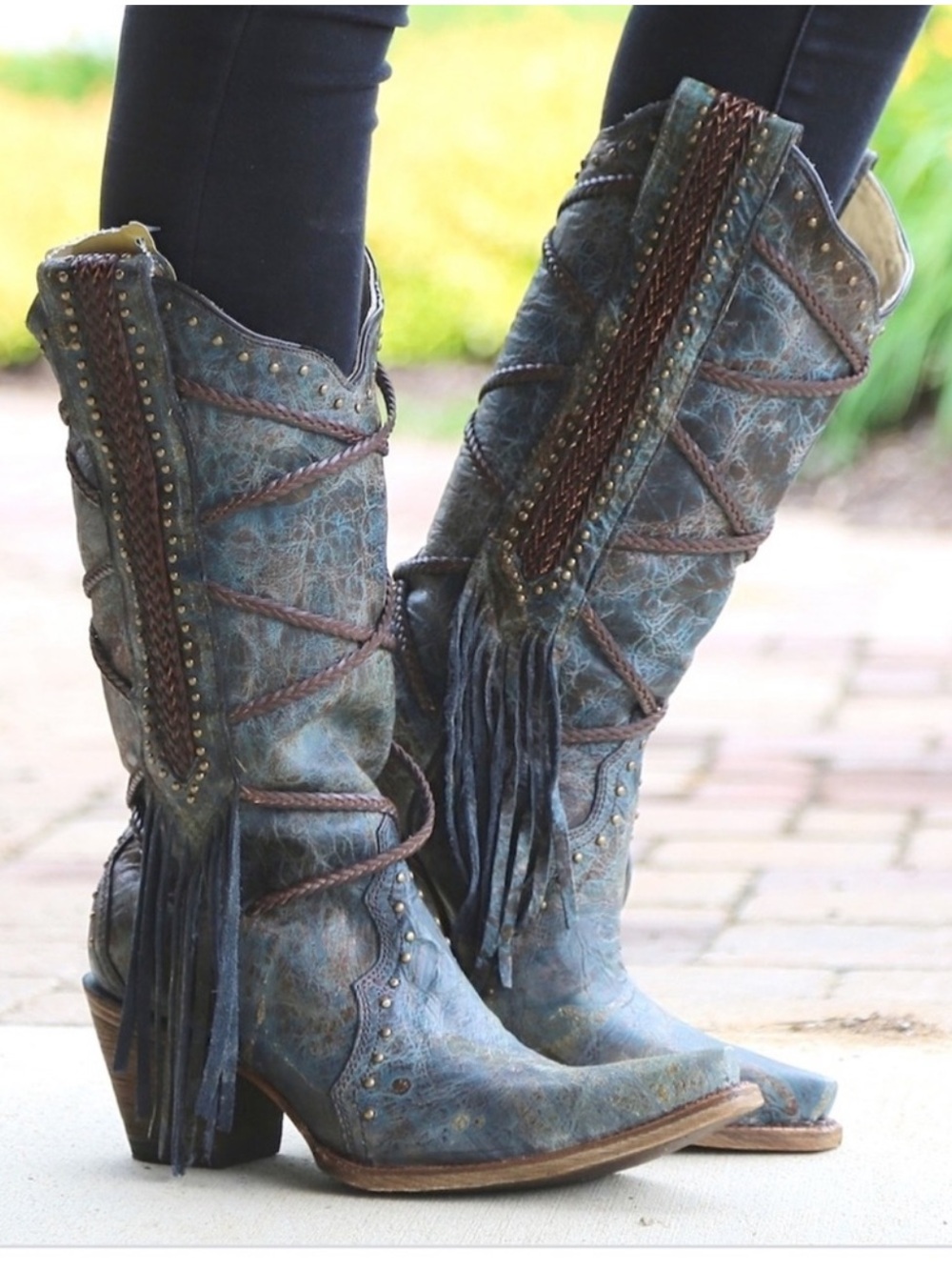 Corral Brittney Blue & Brown Braided Fringe Snip Toe Western Boots 8.5 (A3147)